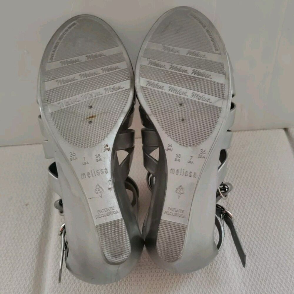 Melissa Liberty Jelly Strappy Silver Sandals Slight Wedged Heel US Sz 7/ EU 38 - Picture 11 of 14